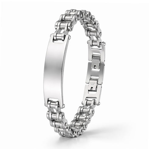 SILVER RIDER Edelstahlarmband in poliertem Silber mit markanter Gliederstruktur und gravierbarer Frontplatte im modernen Unisex Design
