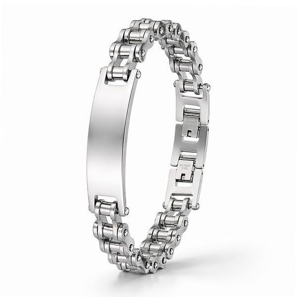 SILVER RIDER Edelstahlarmband in poliertem Silber mit markanter Gliederstruktur und gravierbarer Frontplatte im modernen Unisex Design