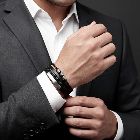 Uniqal SILVER SHAPE Lederarmband im eleganten Stil getragen, personalisierte Gravur dezent integriert