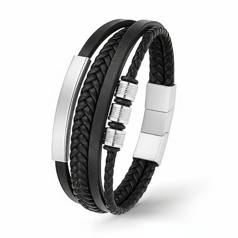 Uniqal SILVER SHAPE Lederarmband mit silberner Edelstahlplatte, individuell gravierbares Unisex Schmuckstück mit klarer Eleganz
