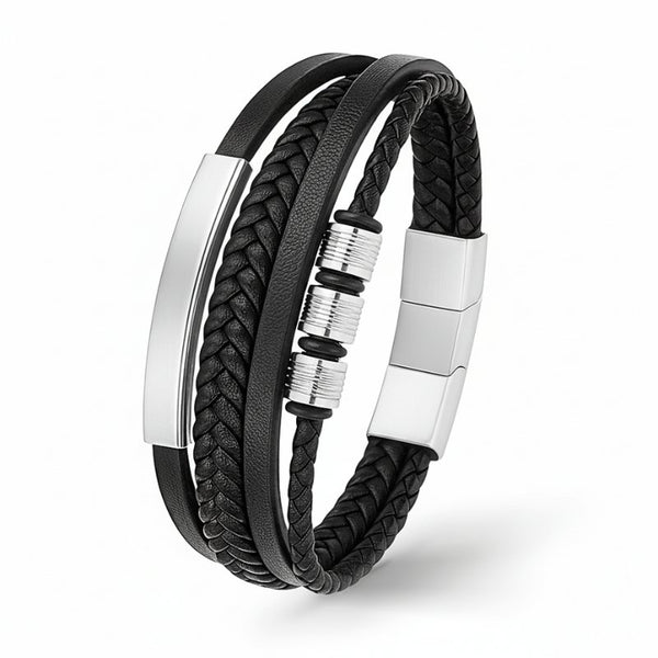 Uniqal SILVER SHAPE Lederarmband mit silberner Edelstahlplatte, individuell gravierbares Unisex Schmuckstück mit klarer Eleganz