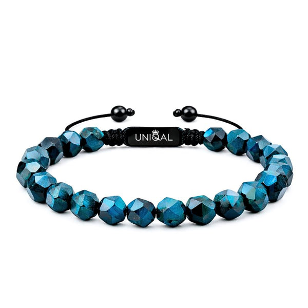 Facettiertes Edelsteinarmband aus blauem Tigerauge Falkenauge mit 8mm Perlen unisex und verstellbarem gravierbarem Makrameeverschluss