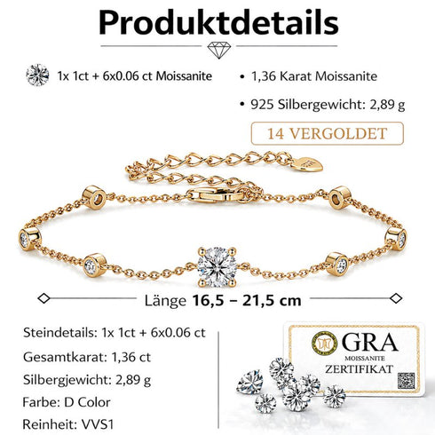 UNIQAL SOLITAIRE Schmuckdetails mit VVS1 Moissanit Besatz, Verlängerungskette und Goldfinish