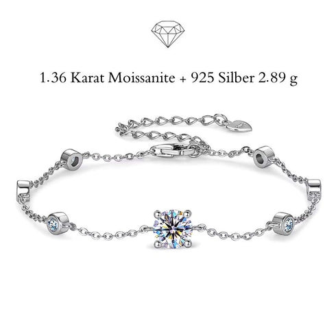 SOLITAIRE Damenarmband mit 1,36 Karat Moissanit aus 925 Sterling Silber, eleganter Solitärstein mit funkelnden Akzenten und gravierbarem Herzanhänger