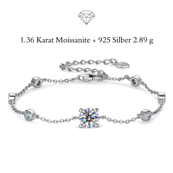 SOLITAIRE Damenarmband mit 1,36 Karat Moissanit aus 925 Sterling Silber, eleganter Solitärstein mit funkelnden Akzenten und gravierbarem Herzanhänger