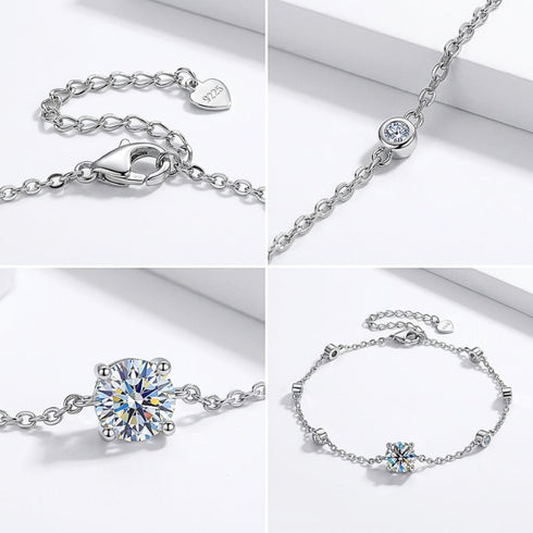 Detailaufnahme eines SOLITAIRE Moissanit Armbands mit zentralem Edelstein und filigraner Silberkette mit Möglichkeit zur persönlichen Gravur