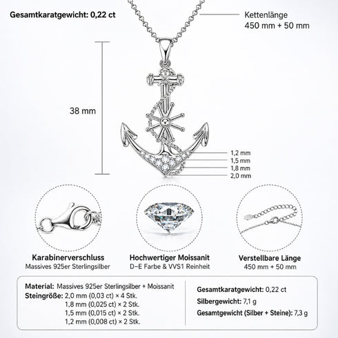 UNIQAL SPERANZA Silber maritime Halskette mit 925 Sterling Silber, GRA-Zertifizierung und verstellbarer Kettenlänge.