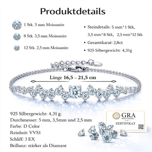 STELLARA Moissanit Premiumarmband mit GRA Zertifikat, abgestufte Karatstruktur und hochwertiges Sterling Silber für exklusiven Damenschmuck