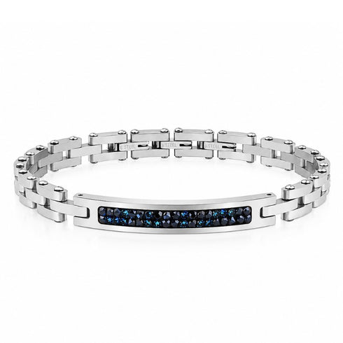 UNIQAL STELLE Armband aus silberfarbenem Edelstahl mit tiefblauen und schwarzen Zirkonia auf weißem Hintergrund im eleganten Sternenhimmel-Design