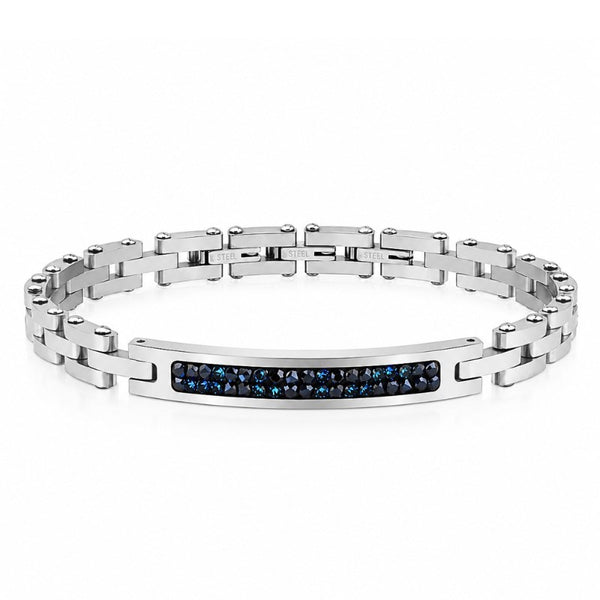 UNIQAL STELLE Armband aus silberfarbenem Edelstahl mit tiefblauen und schwarzen Zirkonia auf weißem Hintergrund im eleganten Sternenhimmel-Design