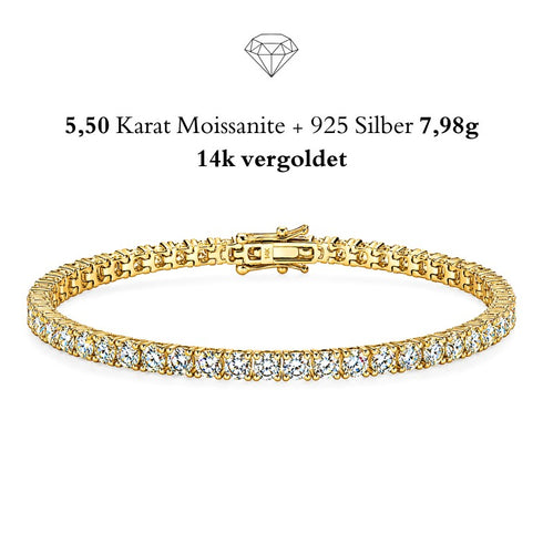 UNIQAL Tennisarmband Gold mit 5,50 Karat Moissanit, 925 Sterling Silber vergoldet und luxuriöser Brillanz für Damen.