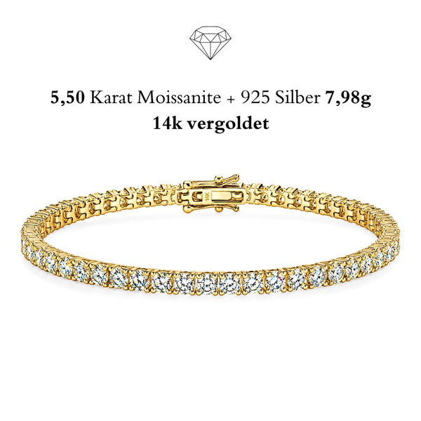 UNIQAL Tennisarmband Gold mit 5,50 Karat Moissanit, 925 Sterling Silber vergoldet und luxuriöser Brillanz für Damen.