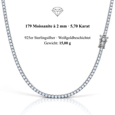 UNIQAL Tenniskette Moissanit 2 mm aus 925 Silber mit Weißgold-Beschichtung, mit Angaben zu 179 Steinen, 5,70 Karat und 15 g.