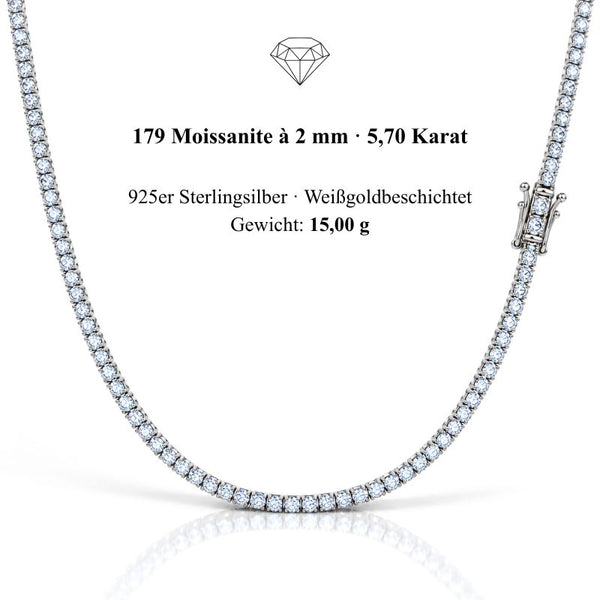 UNIQAL Tenniskette Moissanit 2 mm aus 925 Silber mit Weißgold-Beschichtung, mit Angaben zu 179 Steinen, 5,70 Karat und 15 g.