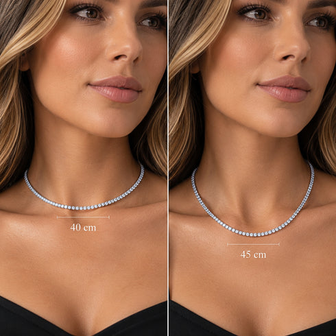 UNIQAL Tenniskette Moissanit 2 mm im direkten Tragevergleich am Model, links mit 40 cm und rechts mit 45 cm Länge dargestellt.