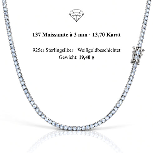текст: UNIQAL Tenniskette Moissanit 3 mm aus weißgoldbeschichtetem 925 Silber auf weißem Hintergrund, mit Angaben zu 137 Steinen, 13,70 ct und 19,40 g.