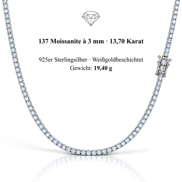 текст: UNIQAL Tenniskette Moissanit 3 mm aus weißgoldbeschichtetem 925 Silber auf weißem Hintergrund, mit Angaben zu 137 Steinen, 13,70 ct und 19,40 g.
