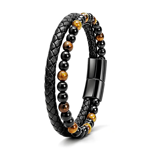 Uniqal TIGER EYE PASSION Schmuckstück mit Tigerauge Elementen und dunkler Flechtstruktur, markantes Accessoire mit Gravuroption und sicherem Steckmechanismus