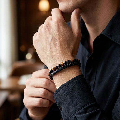 Uniqal TIGER EYE PASSION Herrenarmband am Handgelenk – schwarzes Lederarmband mit Tigerauge-Perlen für einen stilvollen Business-Casual-Look