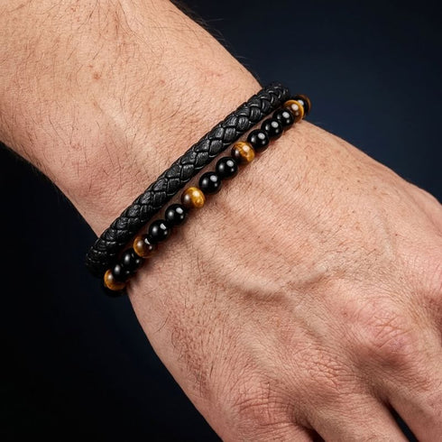 Uniqal TIGER EYE PASSION Herrenarmband am Handgelenk – schwarzes Lederarmband mit Tigerauge-Perlen und glänzenden schwarzen Kugeln