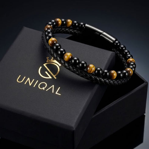 Uniqal TIGER EYE PASSION Armband für Männer – elegantes Herrenaccessoire mit Tigerauge-Perlen und schwarzem Lederdesign