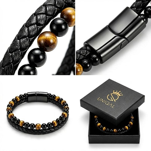 Uniqal TIGER EYE PASSION Herrenarmband – schwarzes Lederarmband mit Tigerauge-Perlen und elegantem dunklem Metallverschluss im Detail