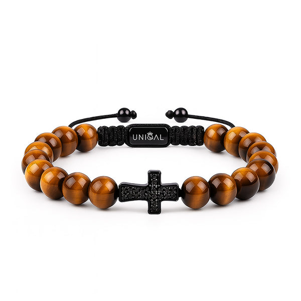Uniqal Tigerauge Armband für Herren mit 8 mm Natursteinperlen, schwarzem Edelstahl Kreuz und Zirkonia, handgefertigt, verstellbarer Makramee-Verschluss