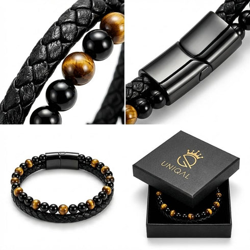 Detailansicht von Uniqal TIGER EYE PASSION mit fein bearbeiteten Tigerauge Kugeln und natürlicher Maserung in warmer Farbgebung