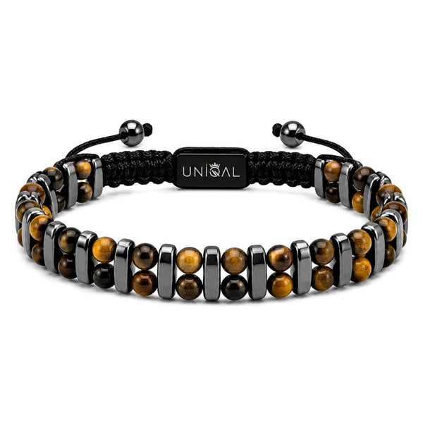 UNIQAL TIGERAUGE DUO Armband mit doppelreihigen Tigerauge-Perlen und polierten Edelstahl-Elementen
