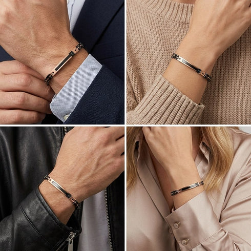 UNIQAL TRECCIA ROSEGOLD BLACK SILBER Armband in verschiedenen Alltagssituationen getragen, vielseitiges Premium-Accessoire für Business, Freizeit und elegante Looks mit zeitloser Modernität