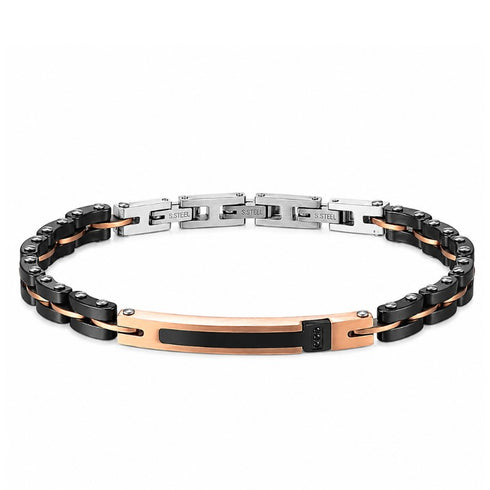 UNIQAL TRECCIA ROSEGOLD BLACK SILBER Armband aus schwarzer Keramik und hochwertigem Edelstahl mit roségoldfarbenen Akzenten, elegante Frontansicht eines modernen Luxusarmbands mit schlanker Linienführung