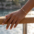 UNIQAL TRIA LINK 14K GOLD Moissanit-Armband um das Handgelenk gelegt; die offenen Kettenglieder folgen der Rundung des Arms