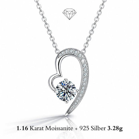UNIQAL VALENTINA KETTE mit 1,16 Karat Moissanit, Herz Anhänger aus 925 Silber, VVS1 Brillanz und romantischem Solitär Design.