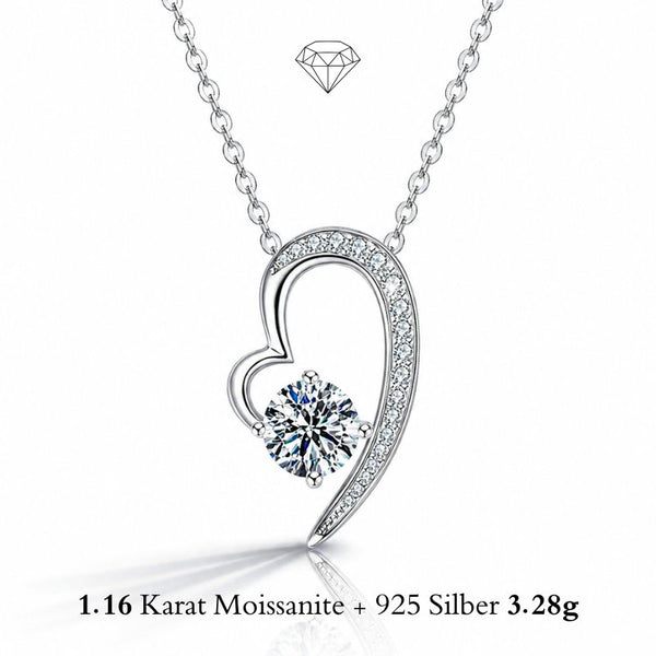 UNIQAL VALENTINA KETTE mit 1,16 Karat Moissanit, Herz Anhänger aus 925 Silber, VVS1 Brillanz und romantischem Solitär Design.