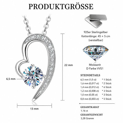 UNIQAL VALENTINA KETTE Produktgröße mit 22 mm Anhänger, 6,5 mm Moissanit Solitär, 1,16 Karat Gesamtgewicht und Maßen.