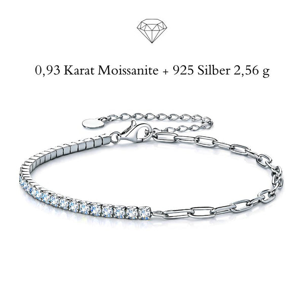 VALERIA Damenarmband mit 0,93 Karat Moissanit aus 925 Sterling Silber, elegante Steinreihe mit funkelnden Edelsteinen und gravierbarem Herzanhänger