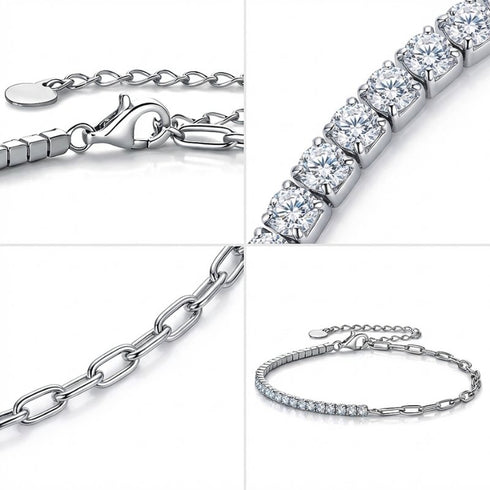 Detailaufnahme eines Moissanit Schmuckarmbands mit brillanter Steinlinie, filigrane Silberkette mit personalisierbarem Anhänger