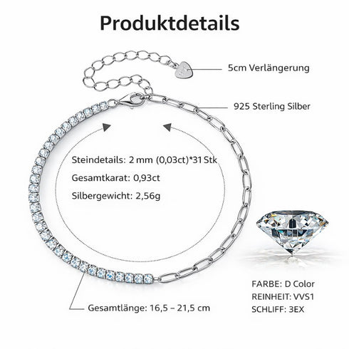 Produktdetails des VALERIA Moissanit Armbands mit Karatangaben, Sterling Silber und GRA Zertifikat sowie gravierbarem Herzanhänger