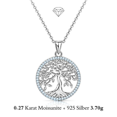 VITA Moissanit-Lebensbaum-Kette von UNIQAL aus 925 Silber mit durchbrochenem Baummotiv und funkelndem Kreisrand.