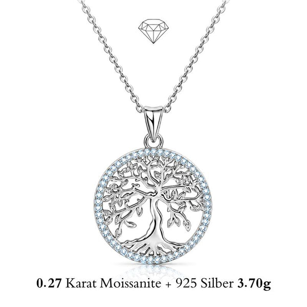 VITA Moissanit-Lebensbaum-Kette von UNIQAL aus 925 Silber mit durchbrochenem Baummotiv und funkelndem Kreisrand.