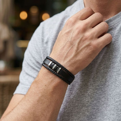 Uniqal VORTEX S Herrenarmband am Handgelenk – schwarzes Leder mit geflochtenen Elementen und silberfarbenen Akzenten für einen modernen Casual-Look