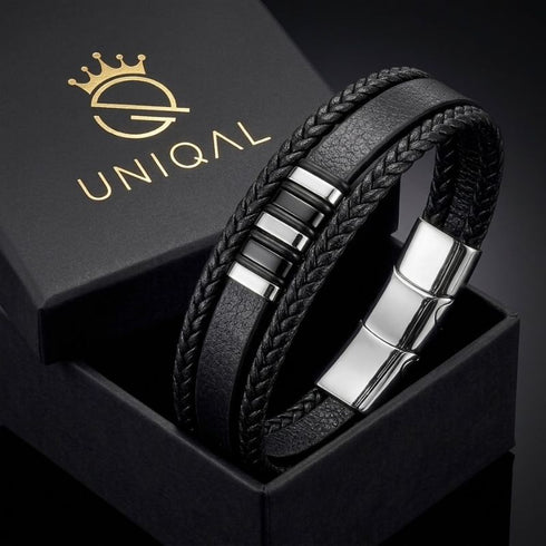 Uniqal VORTEX S Herrenarmband – schwarzes Lederarmband mit geflochtenen Elementen, silberfarbenen Details und modernem Metallverschluss