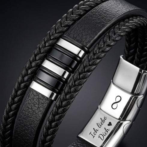 Uniqal VORTEX S Armband mit Gravur – stilvolles schwarz-silbernes Herrenarmband mit romantischer Liebesbotschaft