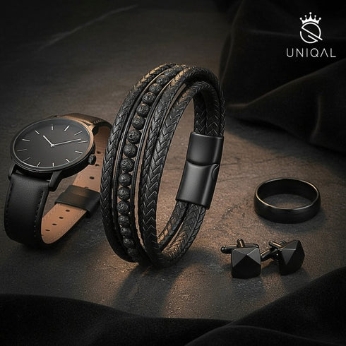 Edles Uniqal Accessoire aus Echtleder und Lavastein in tiefem Schwarz – Kombination aus Stil, Kraft und Ausdruck.