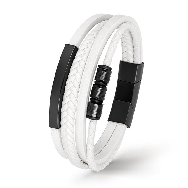 Uniqal WHITE SHAPE Lederarmband aus weißem Rindsleder mit schwarzer Edelstahlplatte, moderner Kontrast im Unisex Design