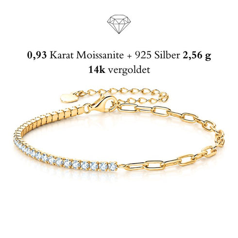 VALERIA Moissanit Armband 14K Gold vergoldet – 925 Silber, 0,93 Karat, 31 Steine, D-Farblos VVS1, Uniqal
