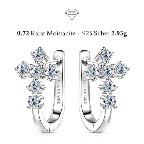 VERA von UNIQAL: Kreuzohrringe aus 925 Sterling Silber mit Weißgold-Beschichtung und insgesamt 0,72 Karat Moissanit, paarweise auf weißem Hintergrund.