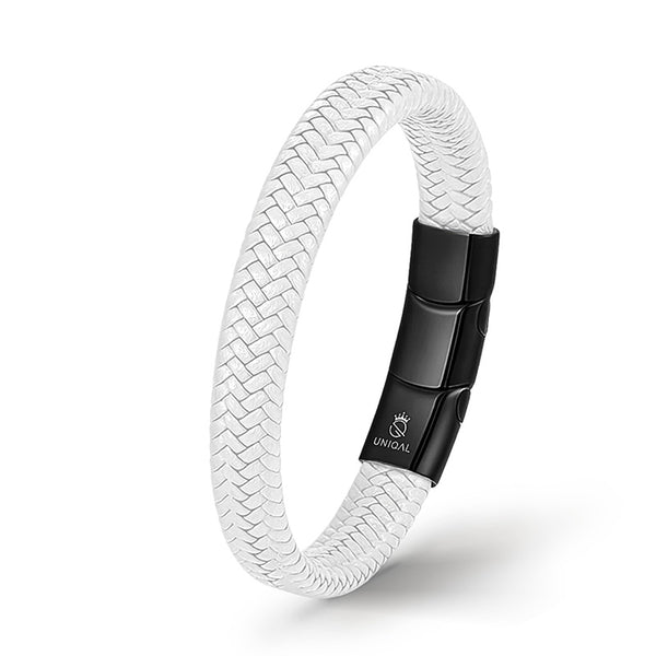 Uniqal weißes Lederarmband Herren – handgefertigt aus Echtleder mit schwarzem Magnetverschluss, modern & edel.