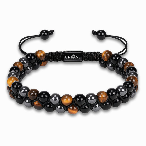 Edelsteinarmband mit glänzenden Tigerauge-, Hämatit- und Onyxperlen – symbolträchtiger Schmuck für Klarheit & Mut