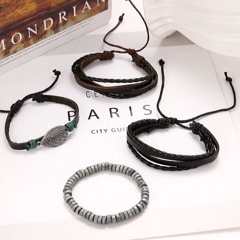 4-er Lederarmbänder Damen Herren Set mit Holzperlen Edelstahlleaf verstellbar